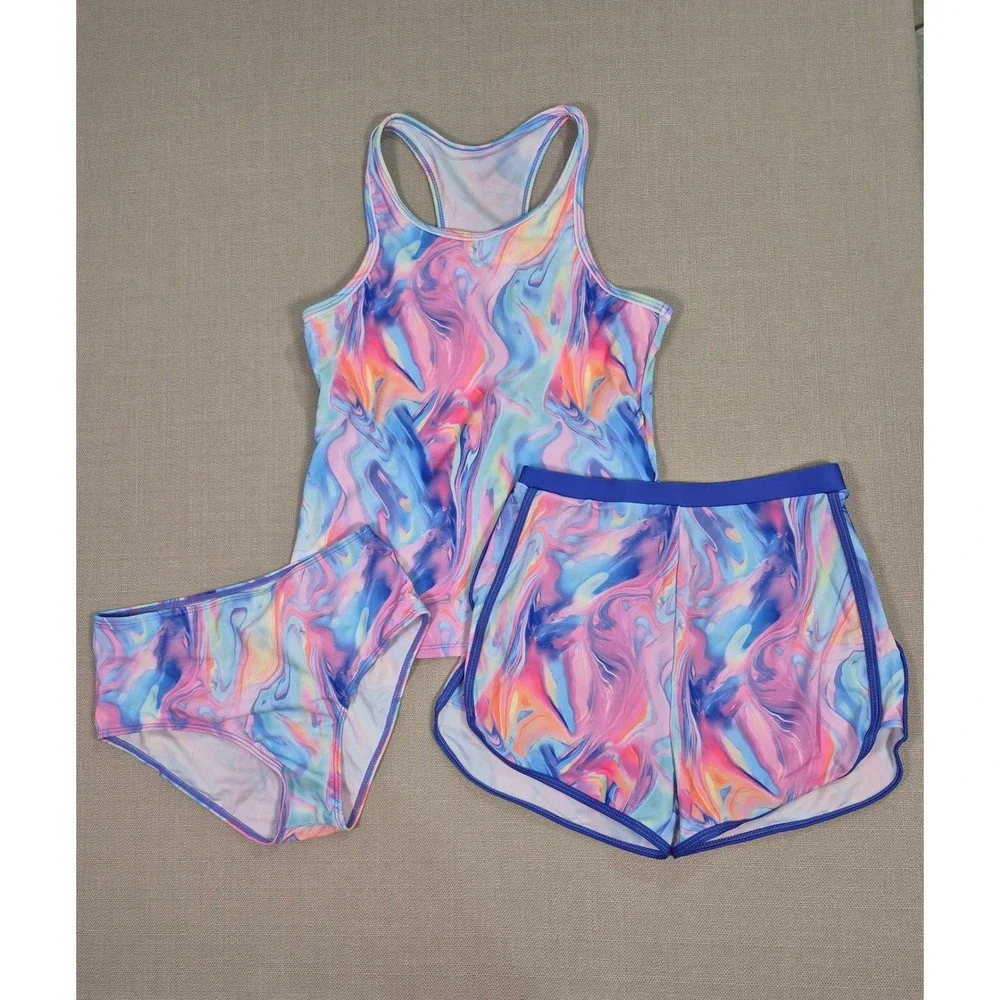 Generic Girl 3-Piece Tankini Swimsuit Set Marble Swirl Pink Blue Purple Size 15Y